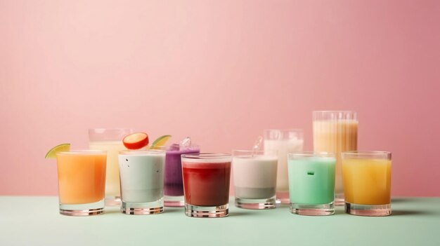 A row of colorful pastel color cocktail drinks on a pink background