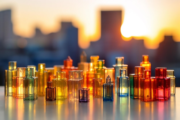 Row of colorful perfume bottles on a table with a city in the background