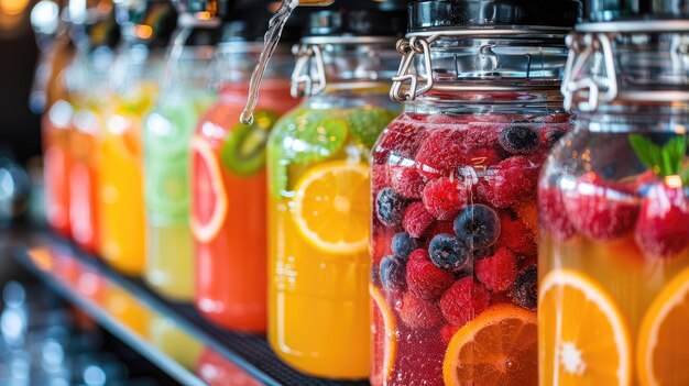 A row of colorful pitchers filled with fruit juice