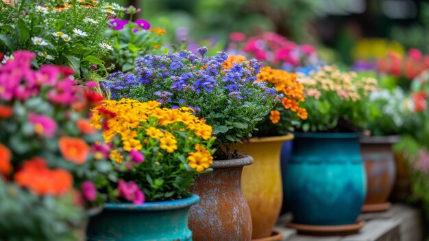 Photo a row of colorful pots filled with flowers on a wooden shelf ai