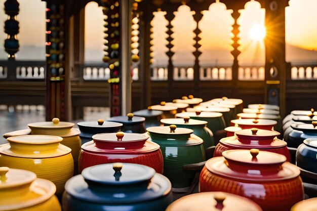 A row of colorful pots with the sun setting behind them.