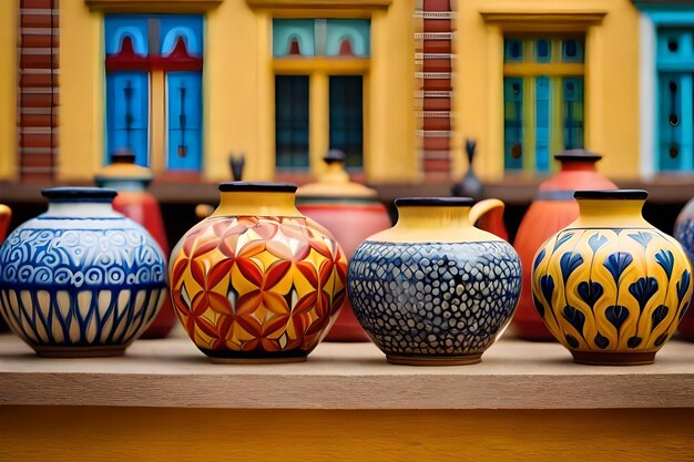 A row of colorful pots with the word