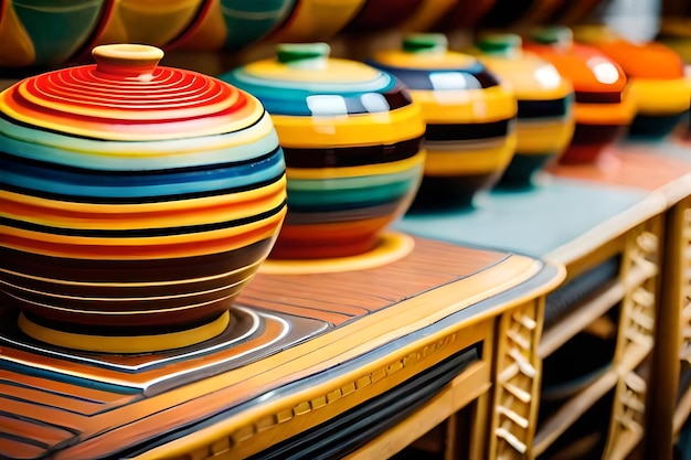 a row of colorful pottery on display in a store.