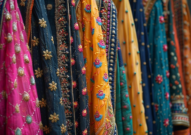 Photo a row of colorful saris with many different colors