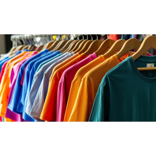 a row of colorful shirts are on a rack