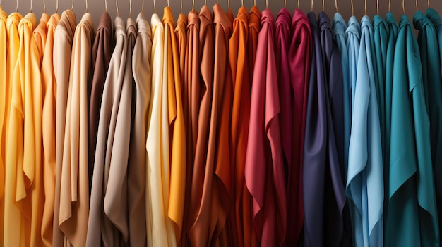 Photo a row of colorful shirts hanging in a closet.