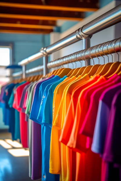 Row of colorful shirts hanging on rack in room with sunlight coming through the window Generative AI