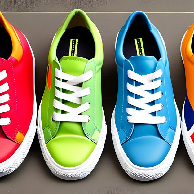 A row of colorful shoes with the word velcro on them.