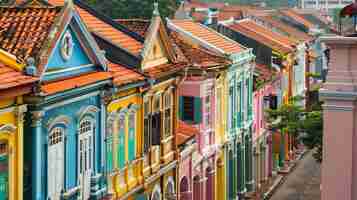 Photo a row of colorful shophouses in singapore the shophouses are painted in a variety of colors including blue green yellow and pink