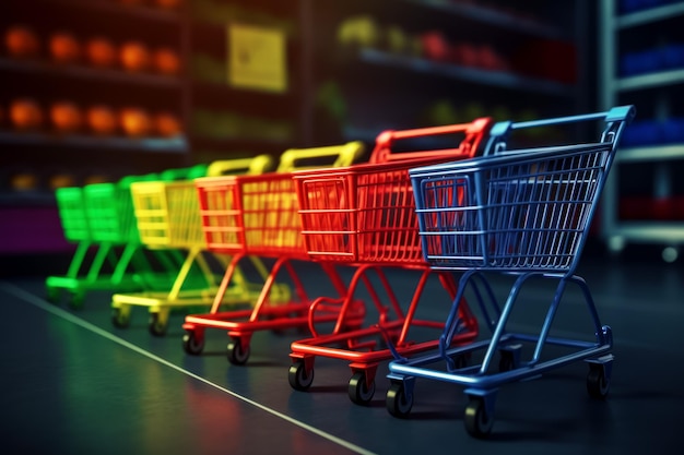 Row of colorful shopping carts sitting on top of floor next to each other Generative AI