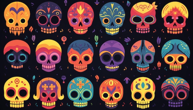 Row of colorful skulls on dark background