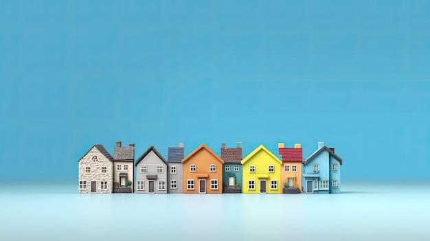 파란색 배경에 다채로운 작은 모델 하우스의 행