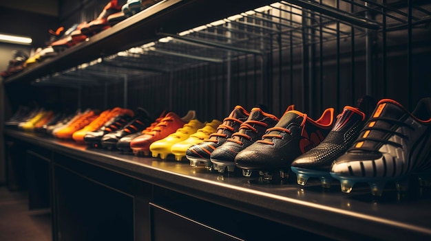 Row of colorful soccer cleats on a shelf in a dimly lit store