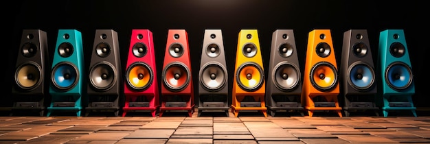 Row of colorful speakers sitting on top of tiled floor Generative AI