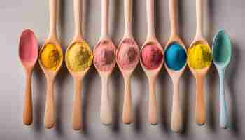 Photo a row of colorful spoons with different colors on them