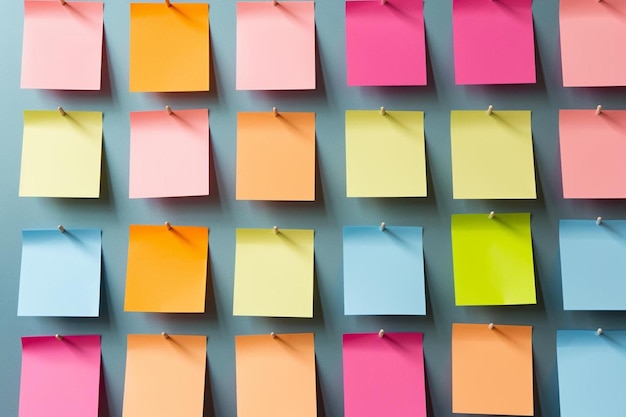 Photo a row of colorful sticky notes with a pink one that says 