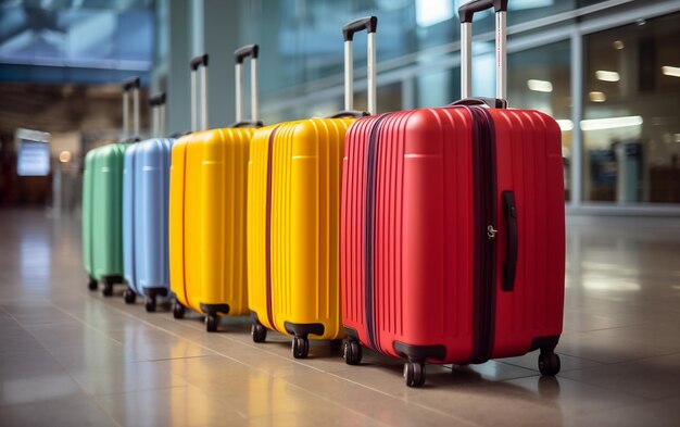 A row of colorful suitcases lined up in a row in airport AI