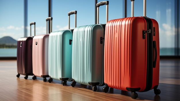 Row of colorful suitcases on wooden floor in airportgenerative ai