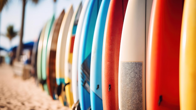 Photo row of colorful surfboards on beach