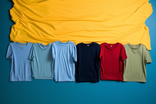 Photo a row of colorful t shirts on a blue background