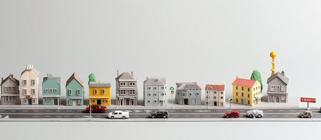 row of colorful toy houses on a white background with space for text