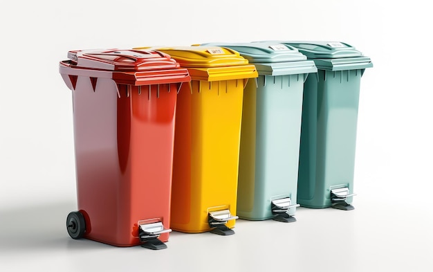 Photo a row of colorful trash cans next to a wall