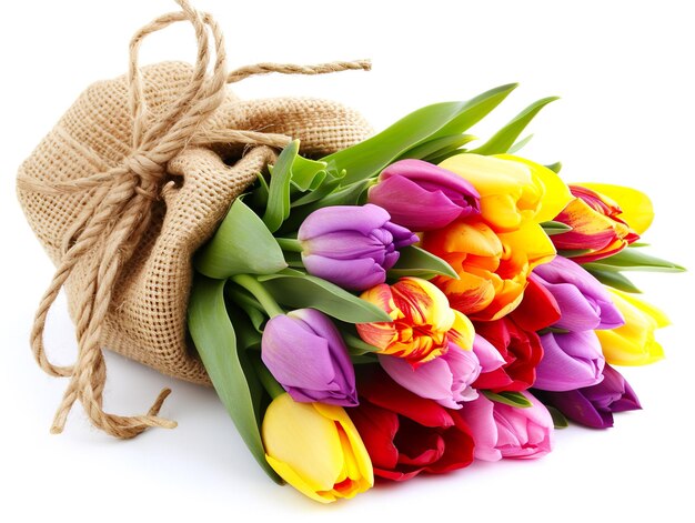 A row of colorful tulips isolated in white march international womens day