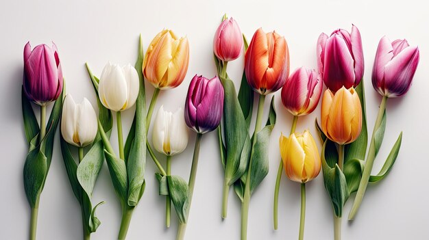 A row of colorful tulips on a white background