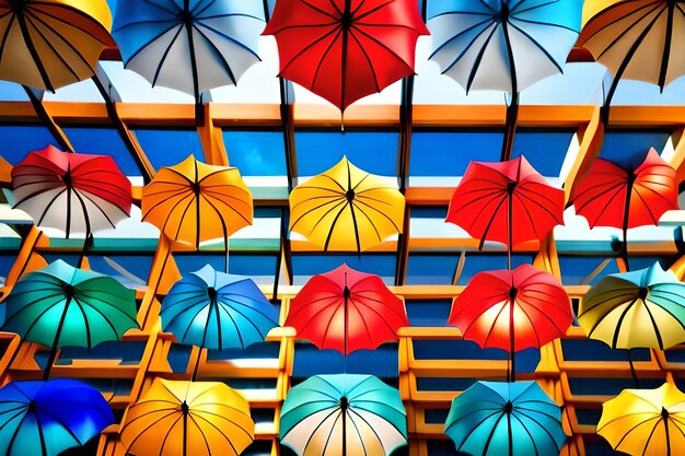 A row of colorful umbrellas with one that says umbrellas