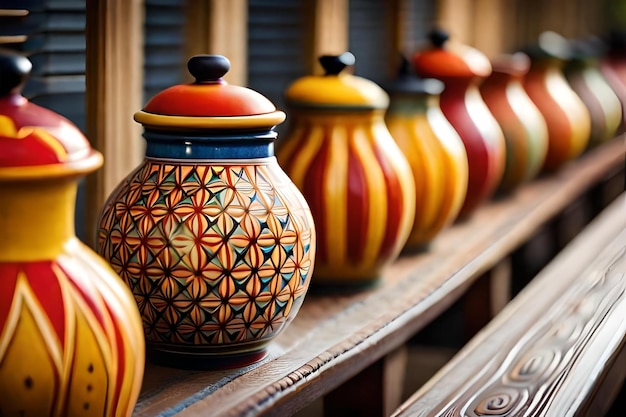 A row of colorful vases are lined up on a shelf.