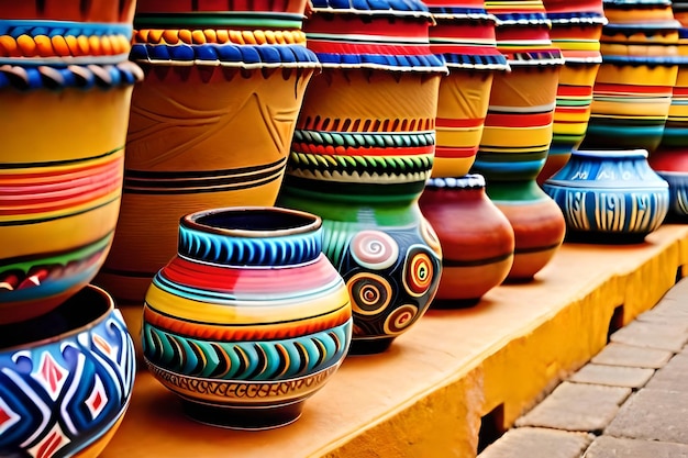 A row of colorful vases are lined up on a shelf.