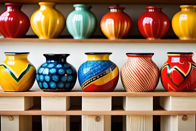 A row of colorful vases are on a shelf