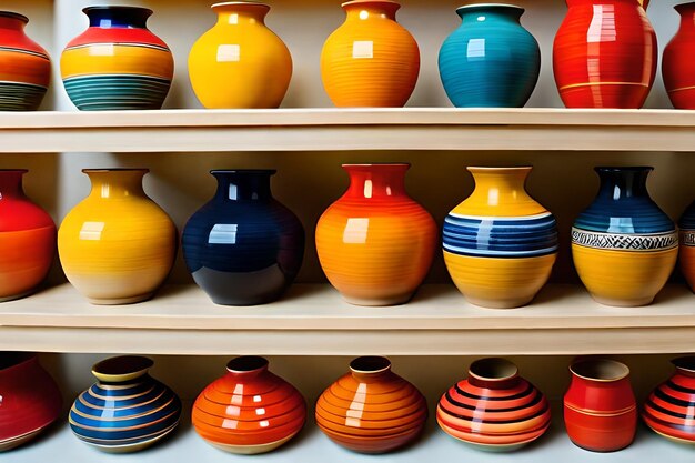 A row of colorful vases are on a shelf