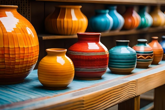 a row of colorful vases are on a shelf.