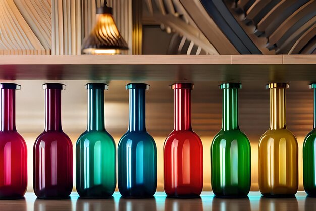 A row of colorful vases are on a shelfrealistic