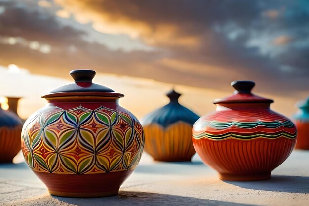 A row of colorful vases are sitting on a ledge