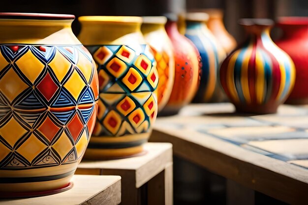 A row of colorful vases are on a table.