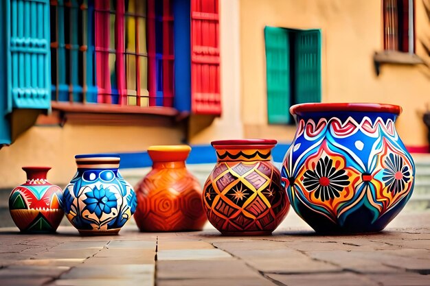 A row of colorful vases sit on a tile floor