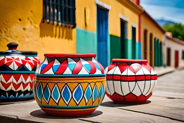 Photo a row of colorful vases sit on a wooden surface.