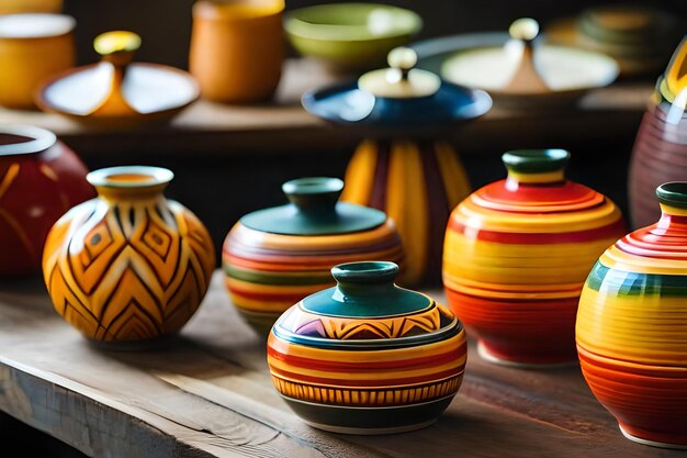 a row of colorful vases sit on a wooden table.