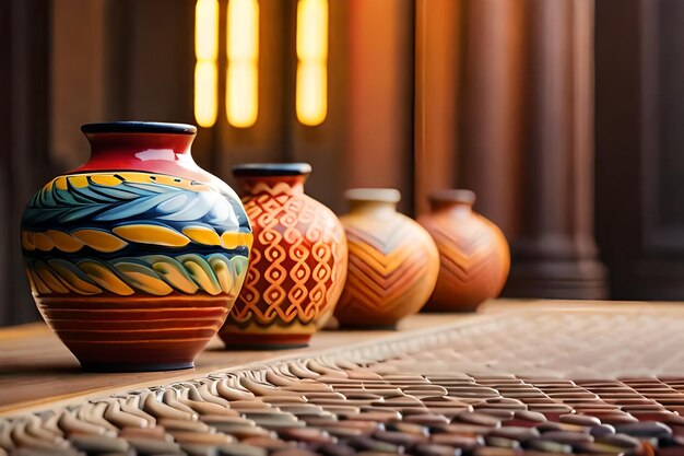 A row of colorful vases on a table with a dark background