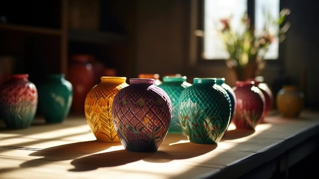 A row of colorful vases on a table with a vase of flowers in the background.