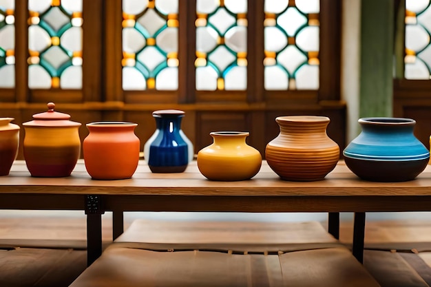 A row of colorful vases on a table with a window behind them