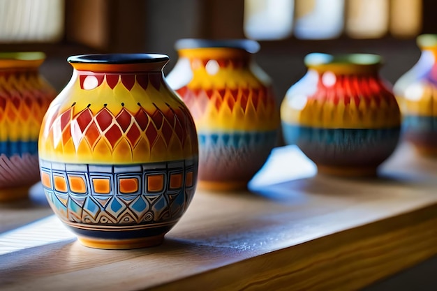 A row of colorful vases with a blue and yellow design.