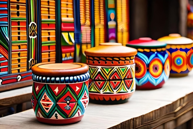 A row of colorful vases with a colorful design.