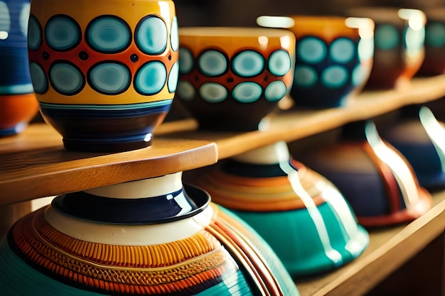 Foto una fila di vasi colorati con diversi colori e motivi su di essi.