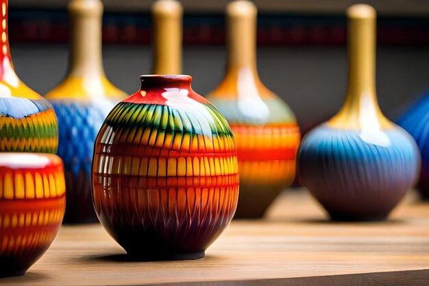 a row of colorful vases with different colors on them.