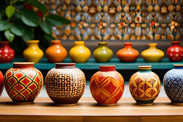 A row of colorful vases with different designs on them