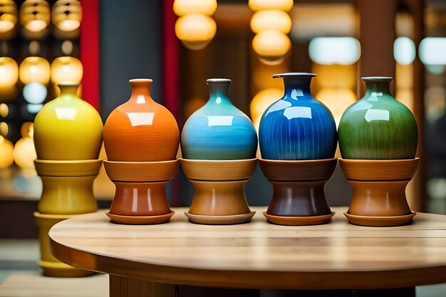 A row of colorful vases with a label on the front.