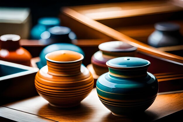 A row of colorful vases with one that has a blue top